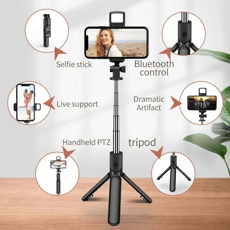 All In One Portable Tripod for iphone Selfie Stick With Fill Light Extendable Phone Stand for Live streaming BT Remote Control