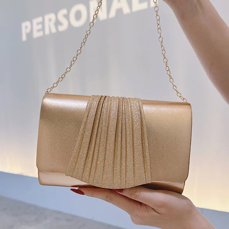 Golden Small Evening Clutch Bag for Women, Trendy Prom Party Purse, Metal Chain Shoulder Crossbody Handbag Femme Dinner Bolsa