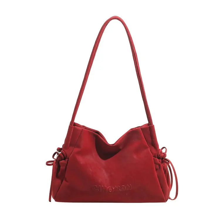 Soft Leather Drawstring Shoulder Bag, Minimalist Tote Purse with Embossed Lettering, Lightweight Daily Casual Use Clutch Bag