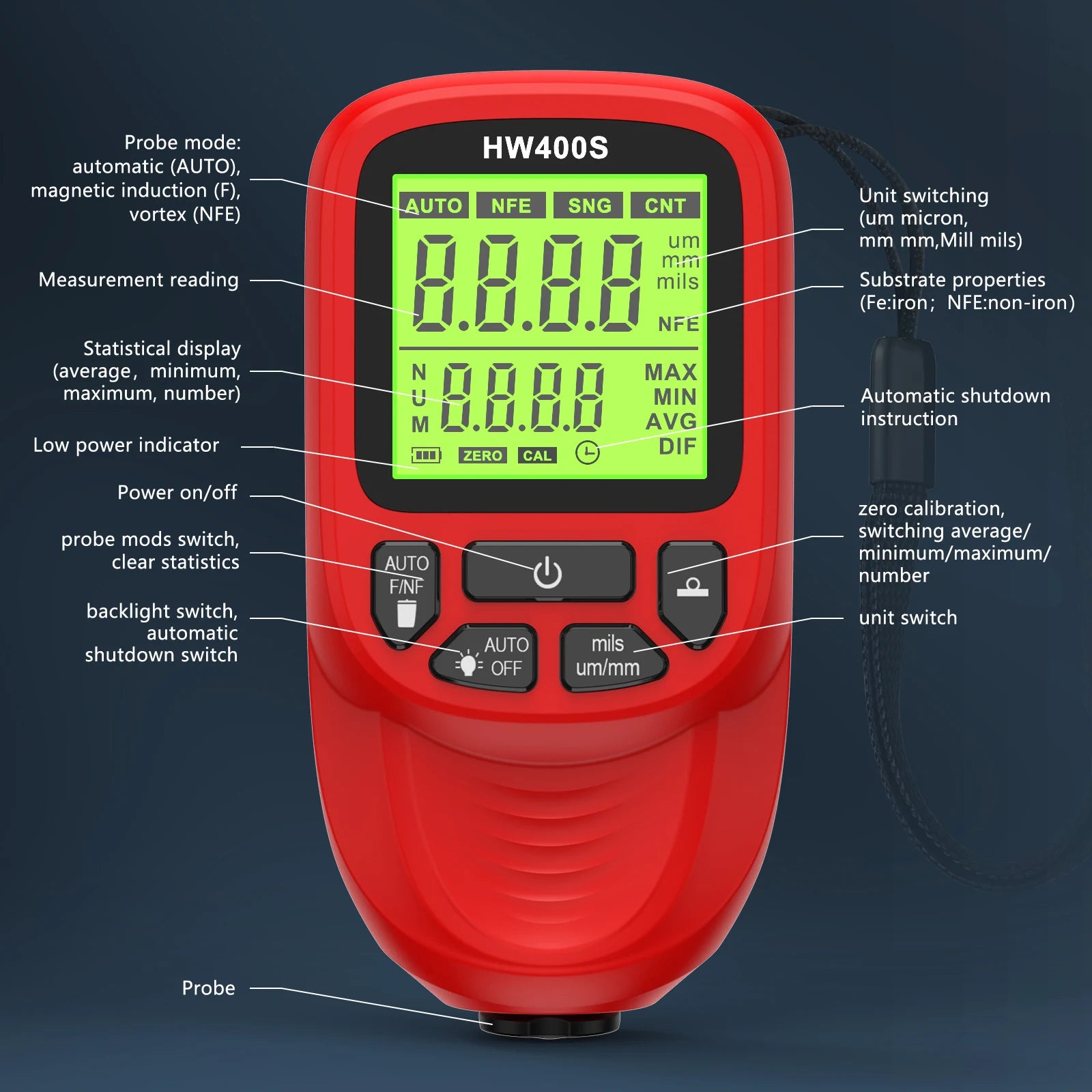 HW-400S Car Paint Film Tester LCD Display Car Coating Thickness Gauge 0-2000UM Coating Measuring Tool Automotive Paint DFT Meter