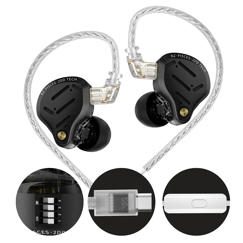 KZ Pisces Dual Dynamic Drive Unit Earphones With Sound Adjustment Switch Two Versions In Ear Earbuds