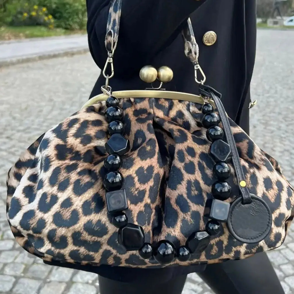 LOST IN VINTAGE Leopard Print Animals Fabric Soft Smooth Owl Bag Balls Bronze Kiss-lock Large Purse Clutch Large  35x23x10cm