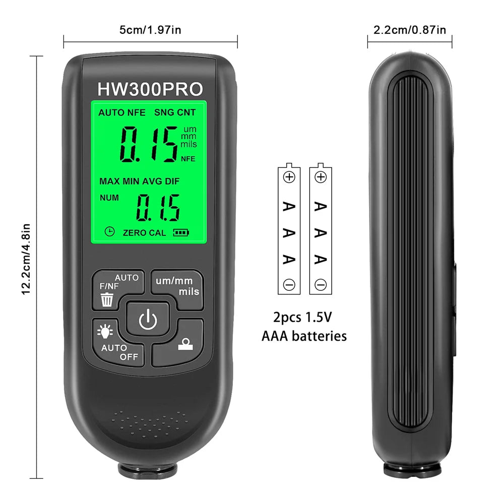 HW300PRO Thickness Gauge for Cars Film Automatic Thickness Gauge 0-2000UM Fe NFE Coating Meter Automotive Paint Thickness Tester