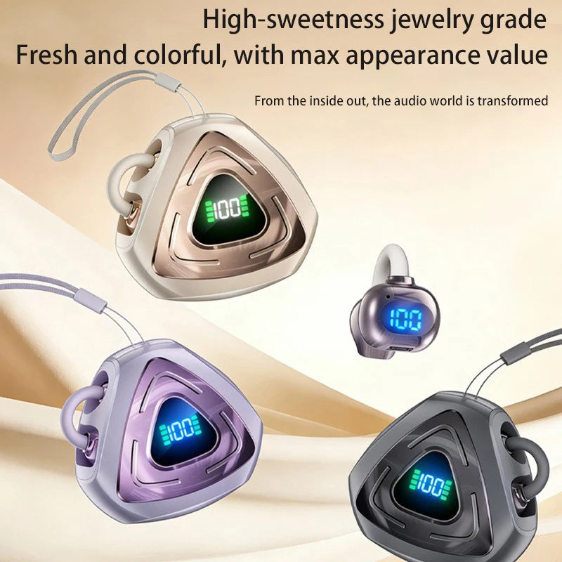 Trendy open-style ear clip earphones with Bluetooth 5.4 and charging case featuring high-definition digital display, small sound