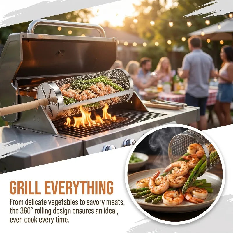 Rolling Grill Basket, Removable Wooden Handle, 304 Stainless Steel, Nesting Grilling Tools, Smoker BBQ Accessories for Vegetable