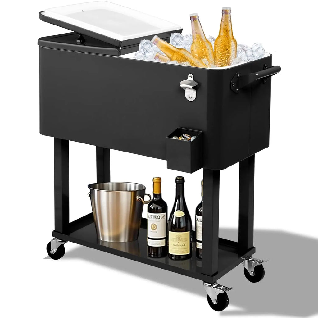 80 Quart Rolling Ice Chest,Portable Bar Drink Cooler,Catch Basin,Bottom Storage Tray & Bottle Opener, Custom