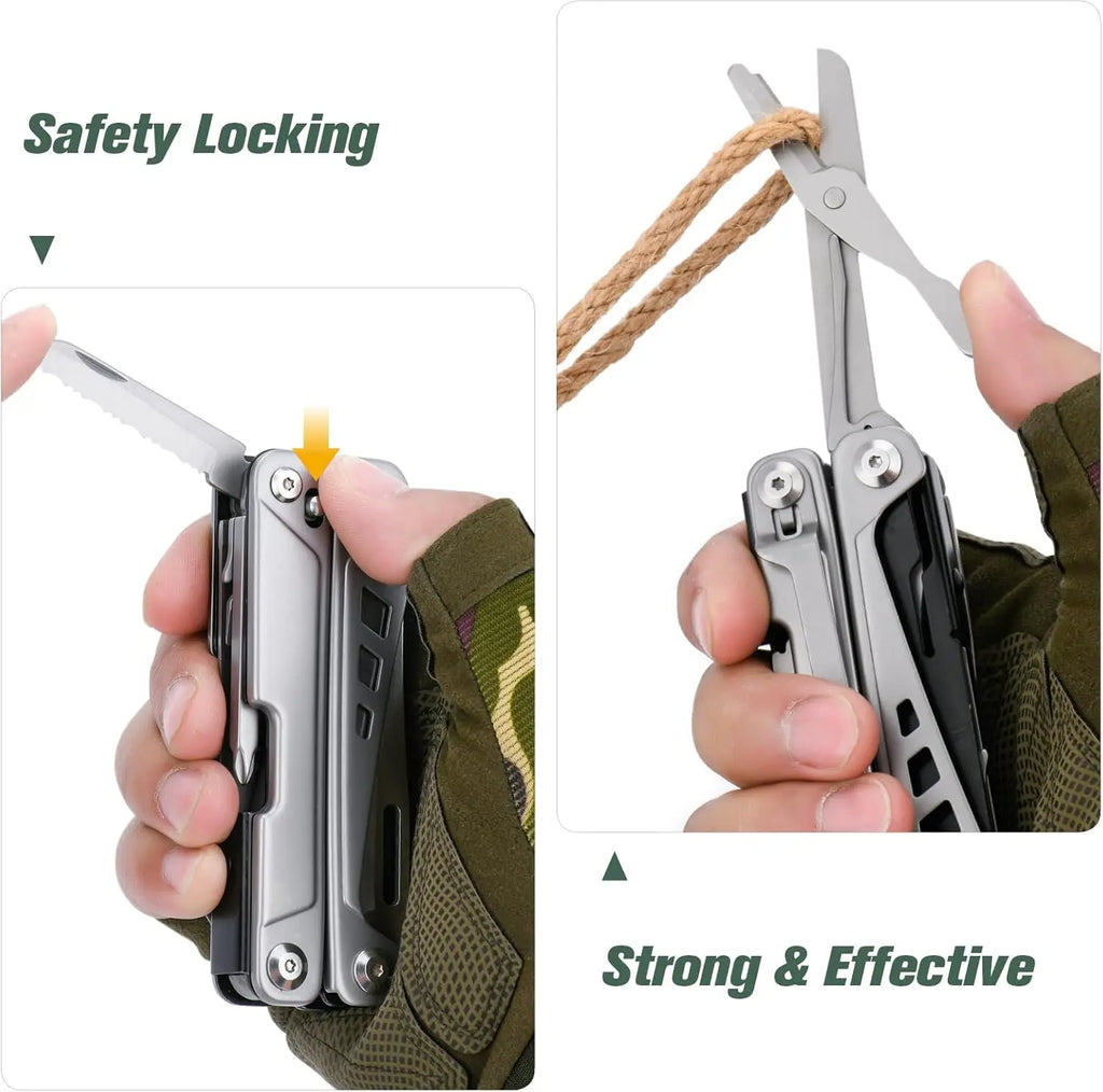 Multitool Stainless Steel Multi-Tool Pliers 22-in-1 with Safety Locking, Pocket Knife, Bottle Opener, EDC Equipment With Pocket Clip for Survival, Camping, Hunting and Hiking.