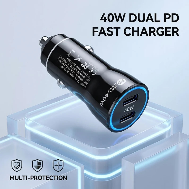 40W PD Dual USB C Car Charger, Mini Fast Adapter with Blue LED Ring For Safe Phone Tablet Dash Cam Navigation Power For iPhone