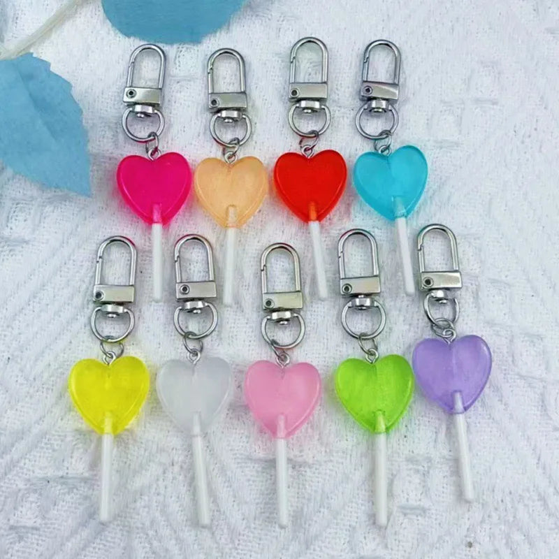 9pcs Sweet simulation color translucent resin heart-shaped lollipop keychain candy pendant bag accessories for daily girls