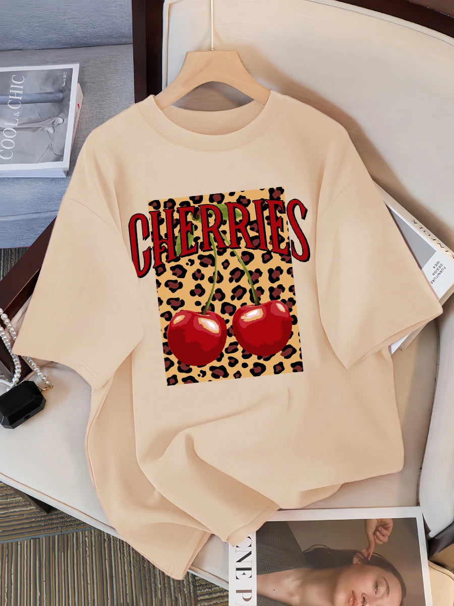Plus Size Leopard Cherry Creative Design Womens Tee Shirts Casual T Shirt Summer O-Neck Streetwear Soft Oversized Short Sleeve