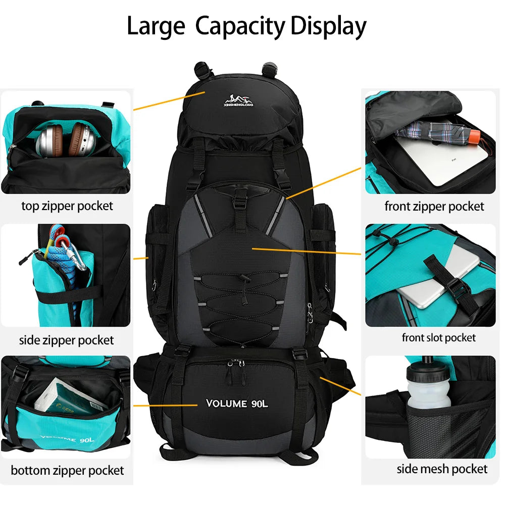 90L Hiking Camping Backpack Travel Daypack Waterproof Trekking Rucksack Large Outdoor Sports Bags for Men Climbing Touring Bag