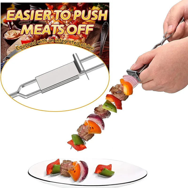 2-6PCS Semi-automatic Barbecue Fork BBQ Tools Outdoor Portable Camping Picnic 2-Head BBQ Fork Equipment Metal Skewers Forks