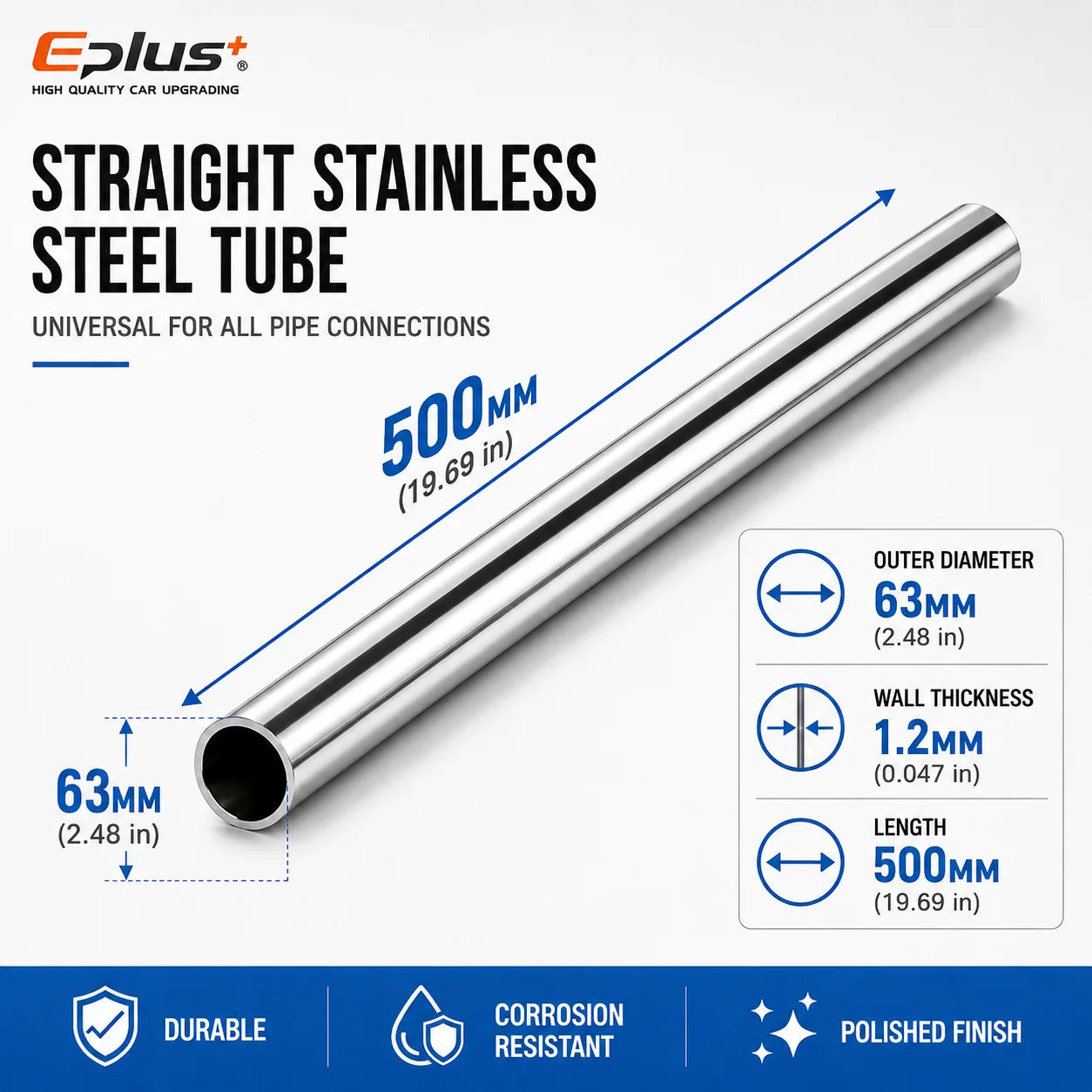 500mm Length 304 Stainless Steel Straight Pipe 1.2mm Thick Universal Round Tube OD 19-89mm for Connections metal tube Adapter