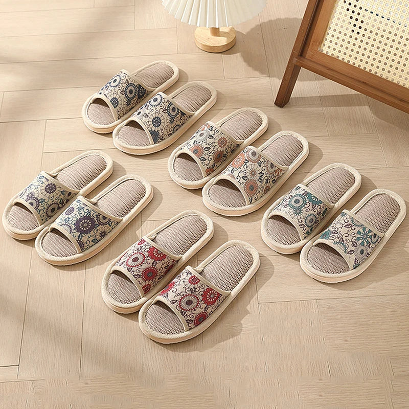 Autumn Winter Women Floor Slippers Retro Linen Open-toe EVA Thick Bottom Casual Sandals Indoor Home Couples Slippers Shoes