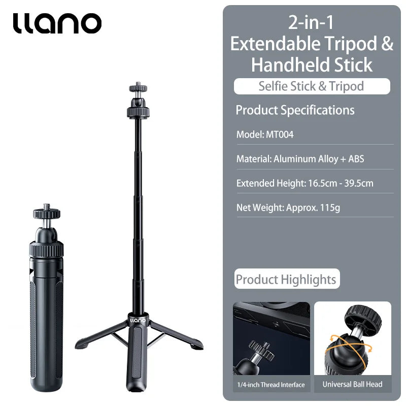 llano 16"/40cm Action Camera Tripod for DJI Osmo Pocket 3, Insta360 X5 X4 X3, Gopro Hero13/12, Extendable Mini tripod with 1/4''