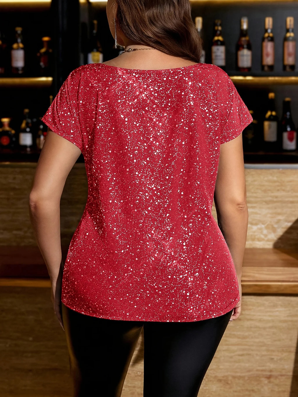 plus Size Sequin Short Sleeve T-Shirt Slimming Waist Shiny Fabric Party Date Elegant Top Women's plus Size Glitter Tee