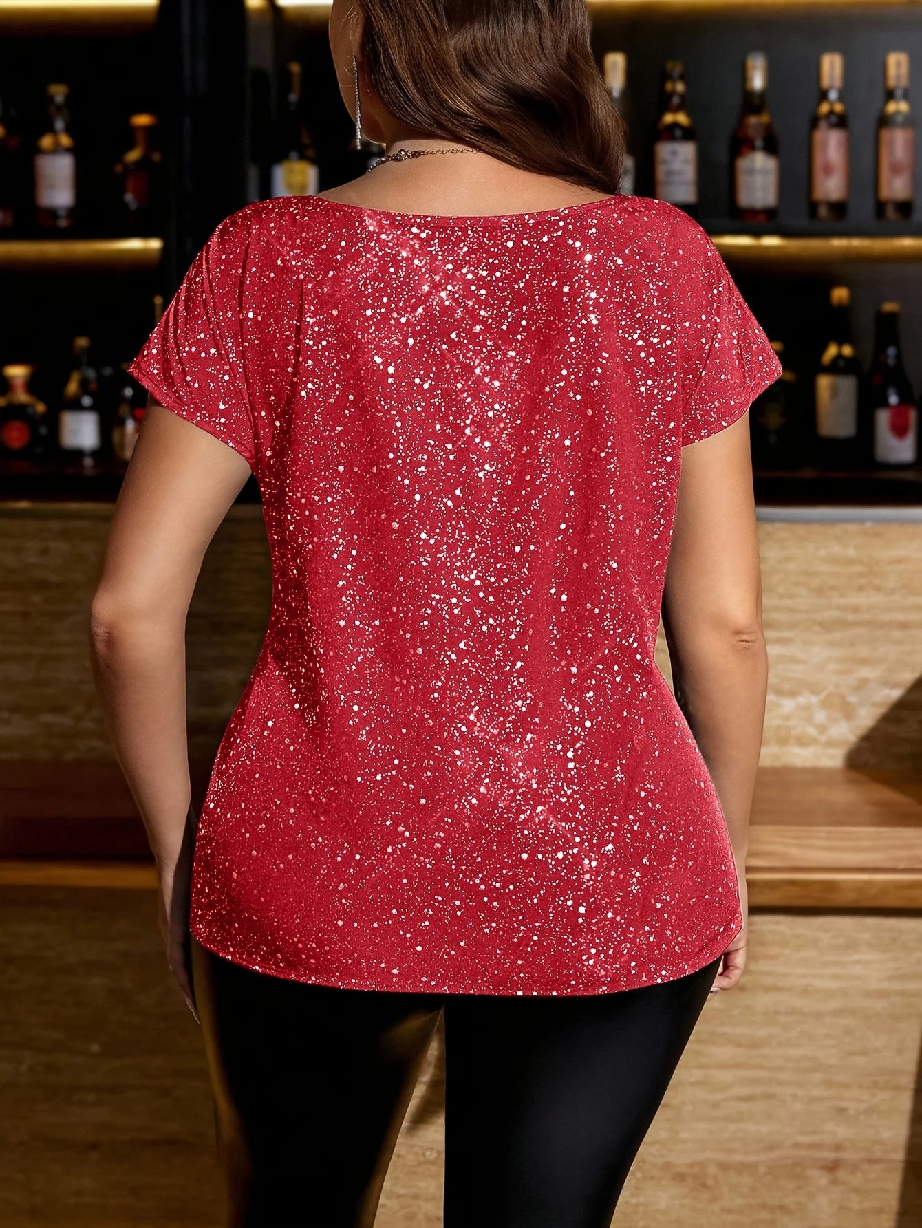plus Size Sequin Short Sleeve T-Shirt Slimming Waist Shiny Fabric Party Date Elegant Top Women's plus Size Glitter Tee