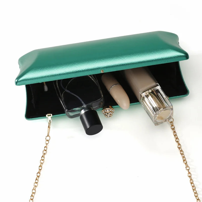 Classical Long Box Evening Bag Women's Luxury Green Wedding Bag  Versatile Pure Color Pillow Clutch Purse with Crossbody Chain
