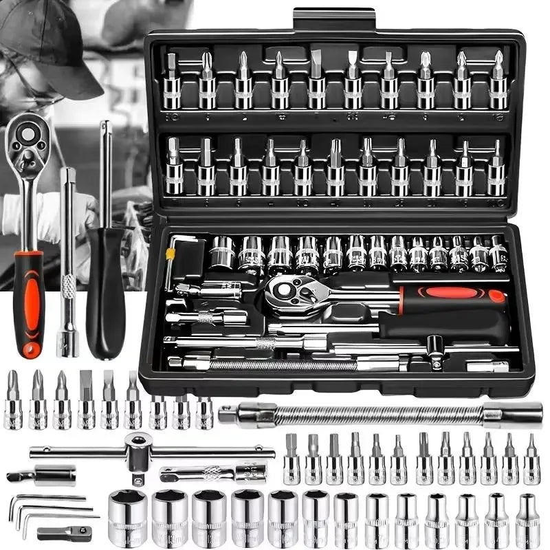 46 Pieces 1/4 Inch Metric Ratchet Socket Wrench Set with Extension Bar, Portable Repair Tools for Auto & Household Use