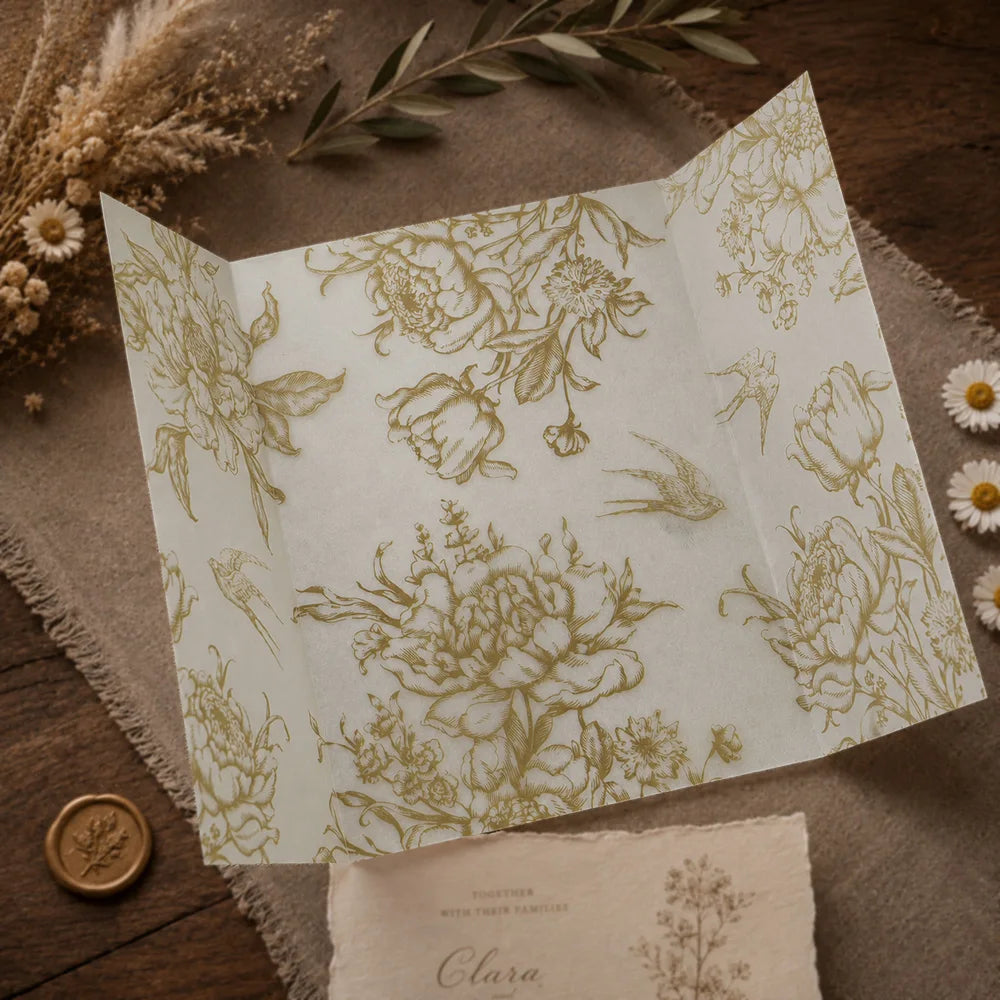 20/50pcs Vellum Wrap with Monochrome Flowers, Vintage Floral Vellum Jacket, DIY Vellum Fold Envelope,for Wedding Invitations