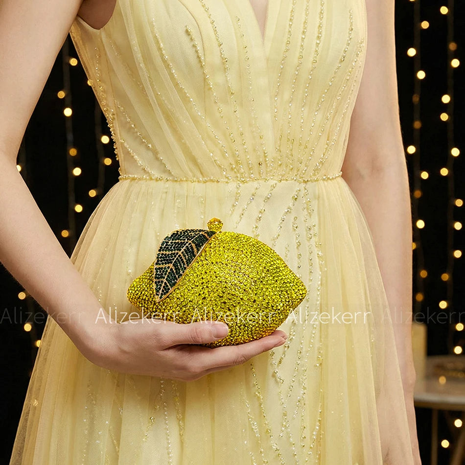 Alizekerr Lemon Shaped Diamond Evening Bags Women Gorgeous Unique Bling Rhinestone Metallic Purses And Handbags Wedding Party