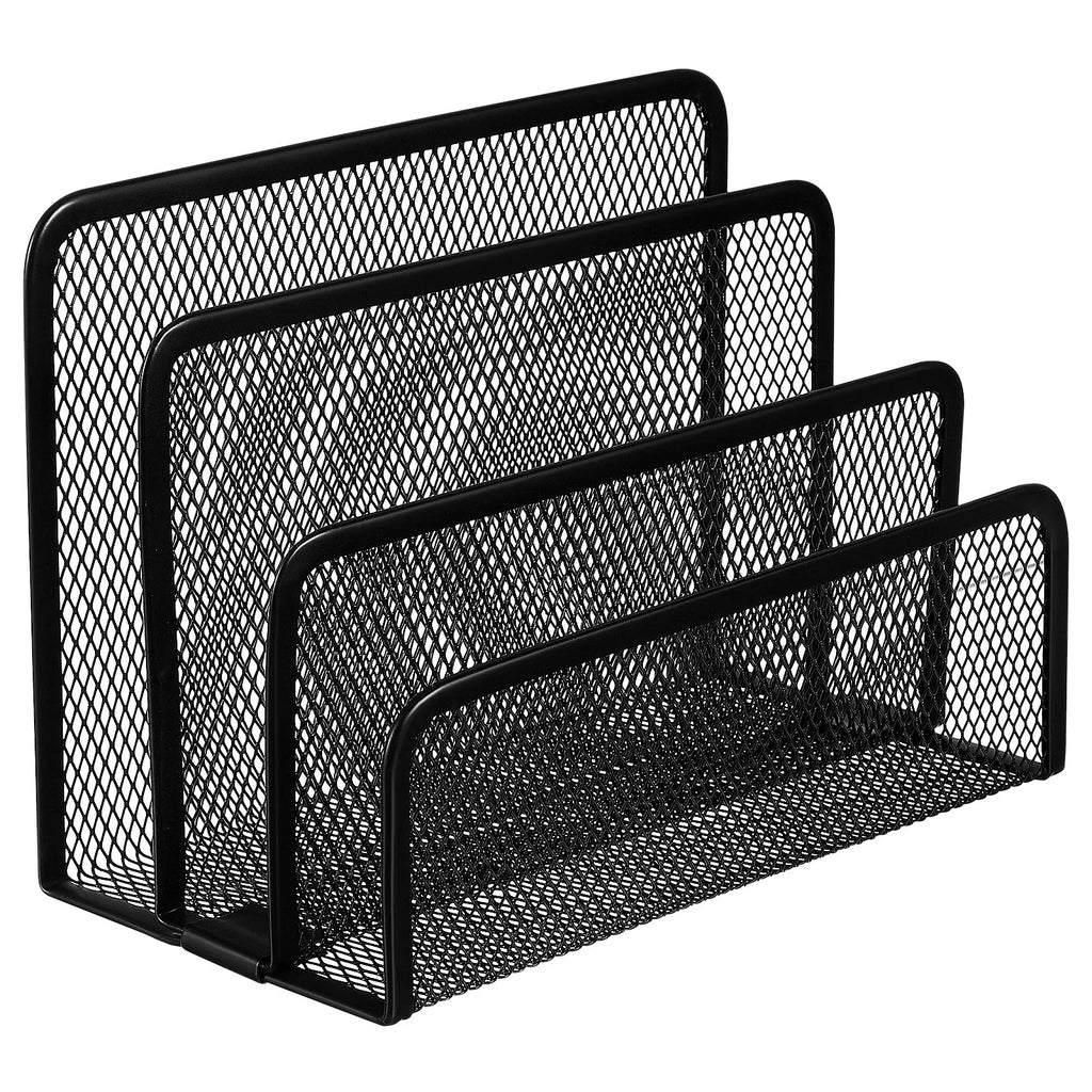 Three-Section Metal Mesh Desk File Holder Upright Document Organizer Desktop File Sorter Letter Brochure Magazine Storage Rack