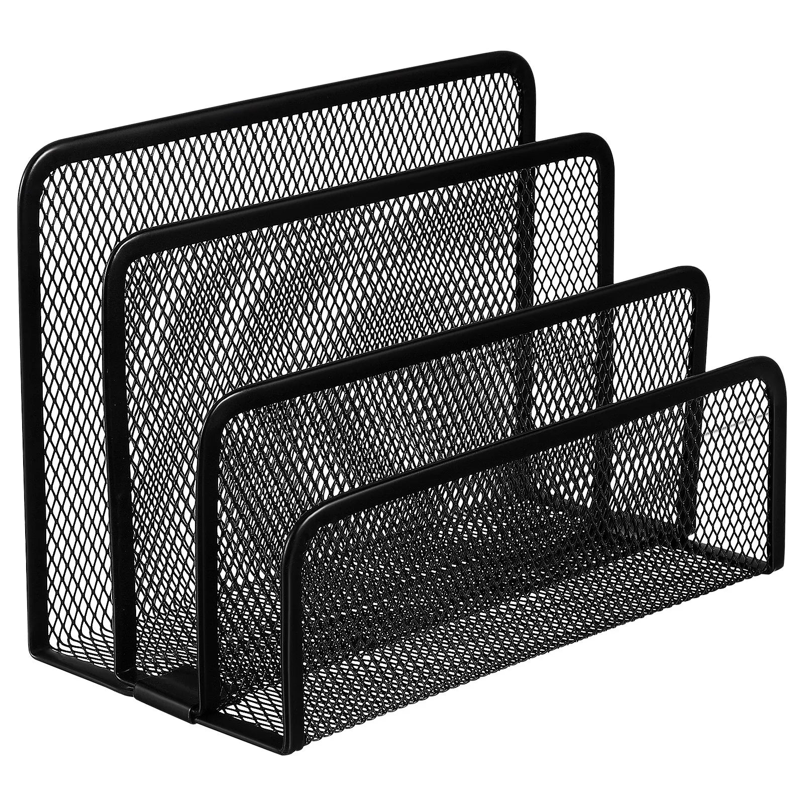 Three-Section Metal Mesh Desk File Holder Upright Document Organizer Desktop File Sorter Letter Brochure Magazine Storage Rack