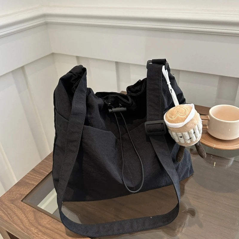 Stylish Drawstring Canvas Shoulder Bag with Adjustable Strap Pendant, Lightweight Casual Bucket Bags for Everyday Crossbody Bag