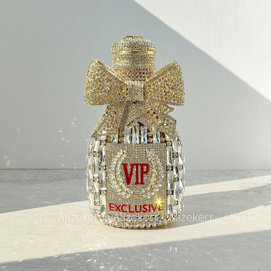 Alizekerr Champagne Bottle Shaped Bow Crystal Evening Bags Women Gorgeous Unique Bling Diamond Metal Clutch Purses Wedding Party