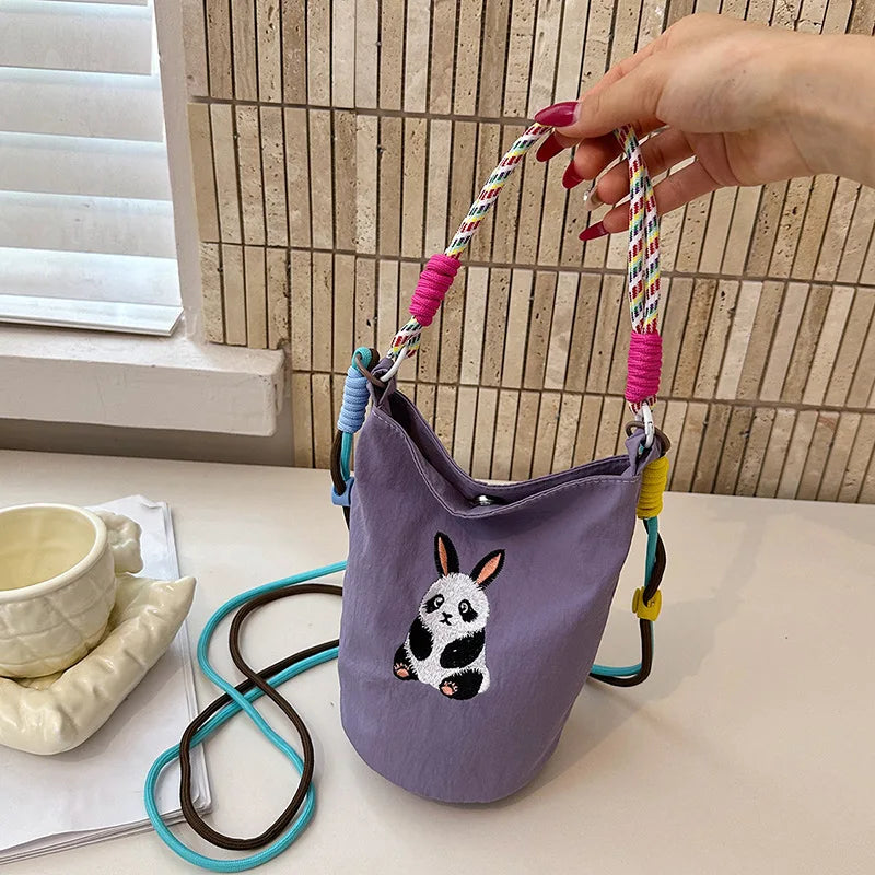 New Fashion Cute Cartoon Panda Embroidery Nylon Mini Bucket Bag Women Casual Lightweight Crossbody Shoulder Bag Small Handbag