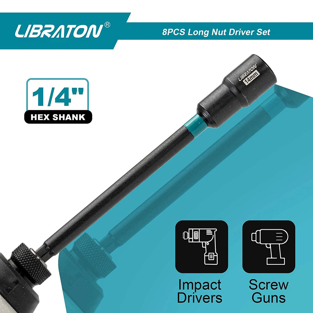 LIBRATON 8PCS Magnetic Nut Driver Set, Nut Drivers 6", Metric / SAE Nut Drivers, Shank Nut Driver Bits, 1/4"Hex Shank, Long Bits