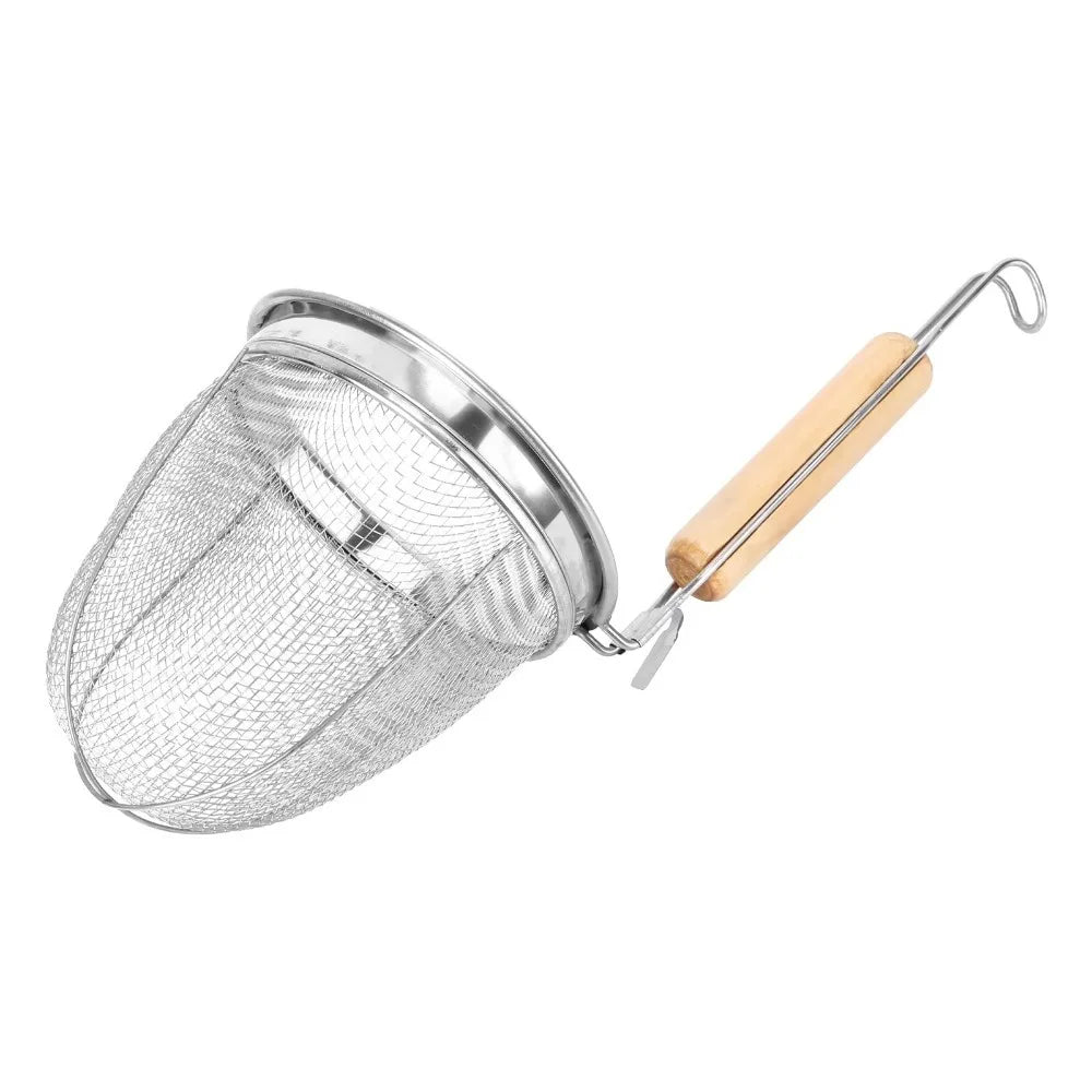 Stainless Steel Noodle Funnel Wooden Handle Multifunctional Fine Mesh Sieve Spoon Thickened Pasta Basket Strainer