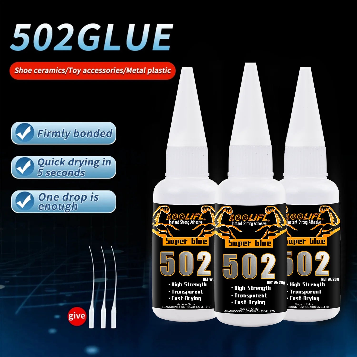 Super Strong Glue 502 High-Strength Fast-Drying Cyanoacrylate Adhesive, Suitable for Leather, Rubber, Wood, Metal, High-Strength Liquid Glue Tool, with Precision Dispenser