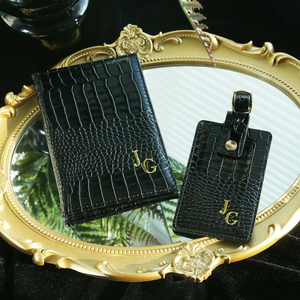 Customized Initial Passport Holder & Luggage Tag Set Personalized Gold Silver Monogram Embossed Crocodile Leather Travel Gift