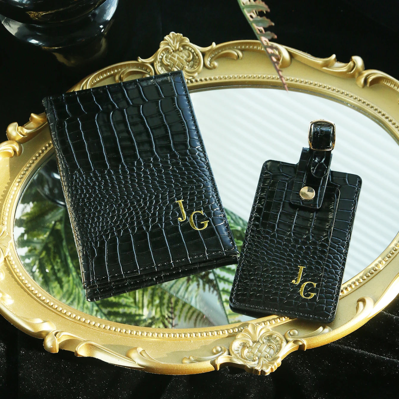 Customized Initial Passport Holder & Luggage Tag Set Personalized Gold Silver Monogram Embossed Crocodile Leather Travel Gift