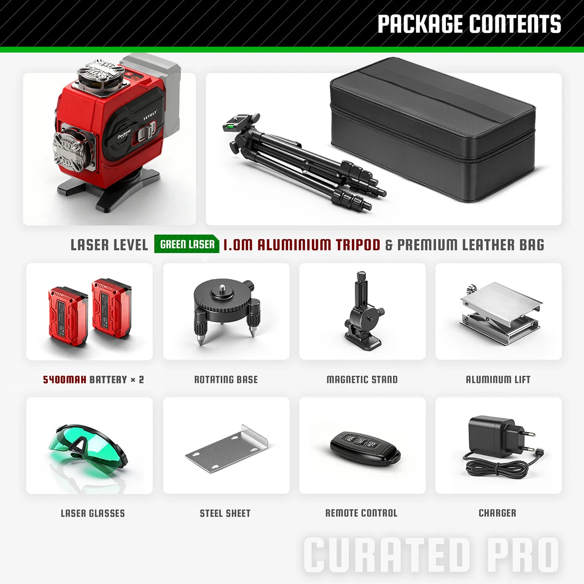 YEVOLT 360° Self-Leveling 16-Line Laser Level (Red/Green Beam Options) - Ultra-Clear for Indoor/Outdoor Use Rechargeable Battery