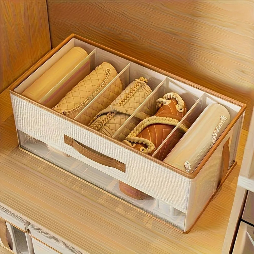Clear Handbag Organizer For Closet Purse Storage Box Dustproof Divider With PU Leather Handles Space Saving Boutique Display