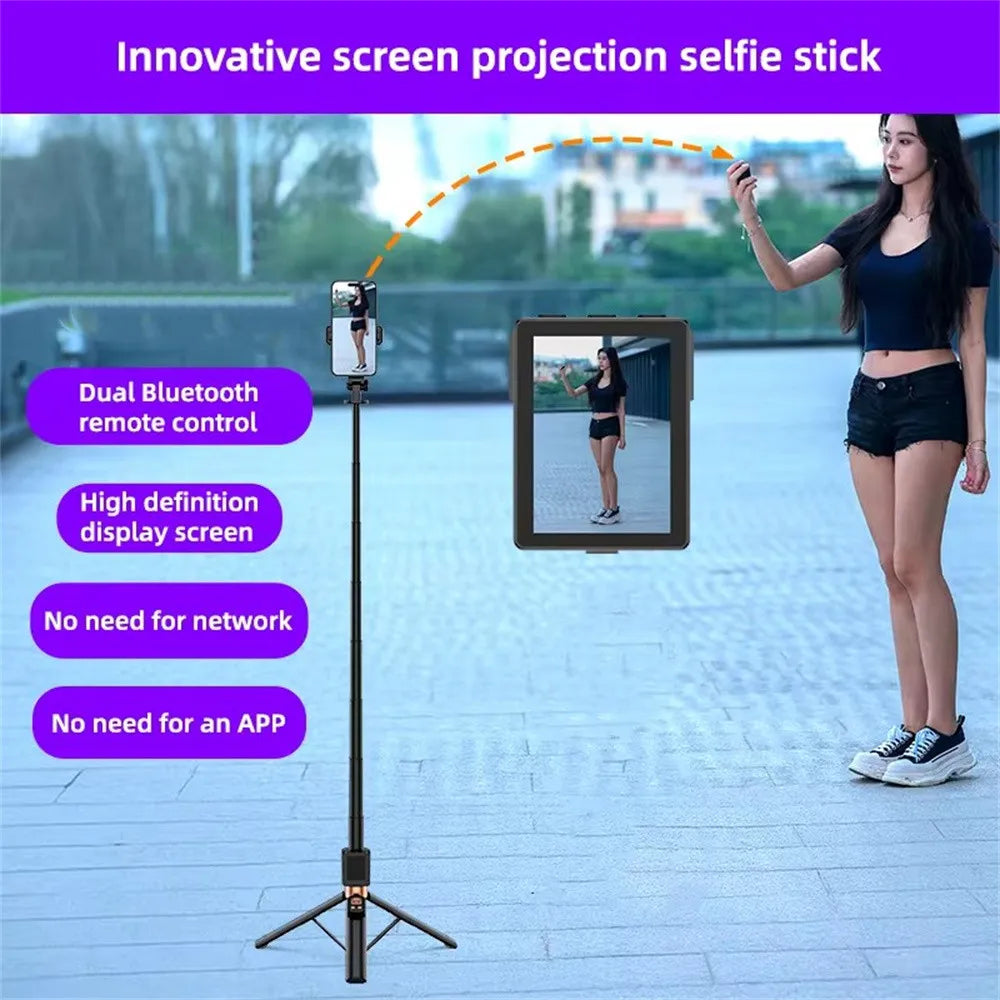 1.7m New 5 in 1 Projection Rear Camera Selfie Stick with Selfie Monitor Screen Brush  Bluetooth Remote Control Scrolling