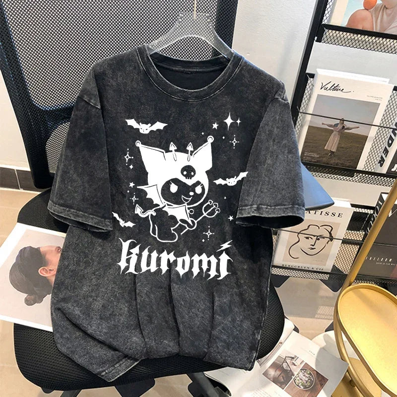 Kuromi Summer New T-Shirt Men and Women American Retro Washed Cotton Loose Distressed Short-Sleeved T-Shirt Tops Cartoon Print