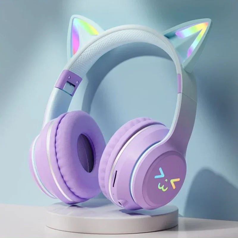 Pink Cat Ears TWS Earphone RGB Smile Face Gradient Headset Cute Gift For Little Girls Compatible With Any Smartphone