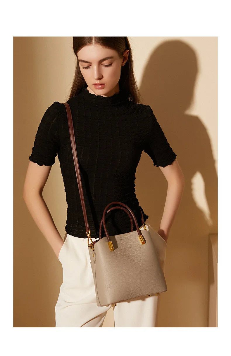 Zency Genuine Leather Top Quality Bucket Bag for Women Versatile Handbag Leather Tote Bag Green Crossbody Shopper Bags