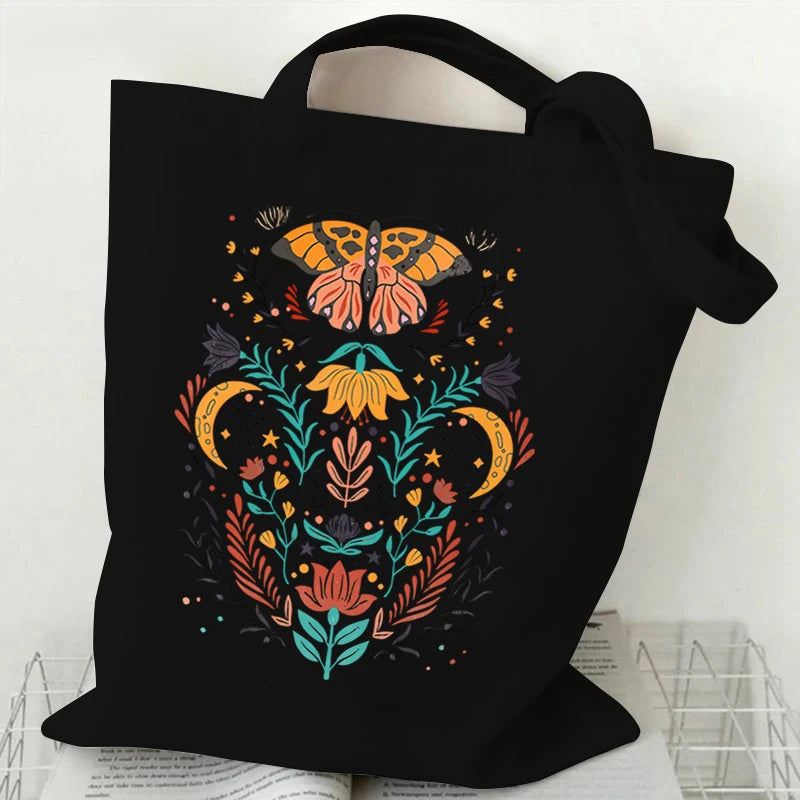 Flower Butterfly Design Canvas Shopping Bag Hot Selling Fashion Reusable Women Tote Bags Butterfly Lover Folding Shopping Bags
