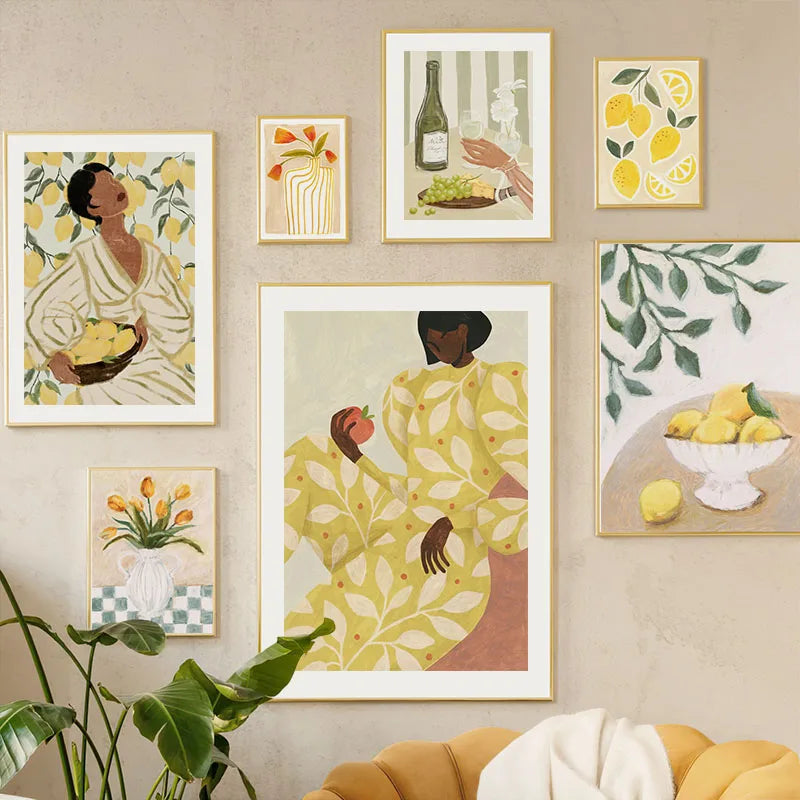 Retro Pajama Girl Lemon Flowers Vase Abstract Gallery Poster And Prints Wall Art Canvas Painting Pictures For Living Room Decor