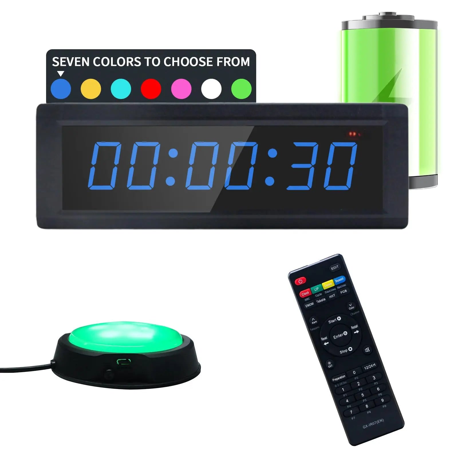 1.5-Inch 6-Digit 7-Color Multi-Function Fitness Timer, Count Up/Count down, Battery Powered, Suitable for Daily Fitness Training