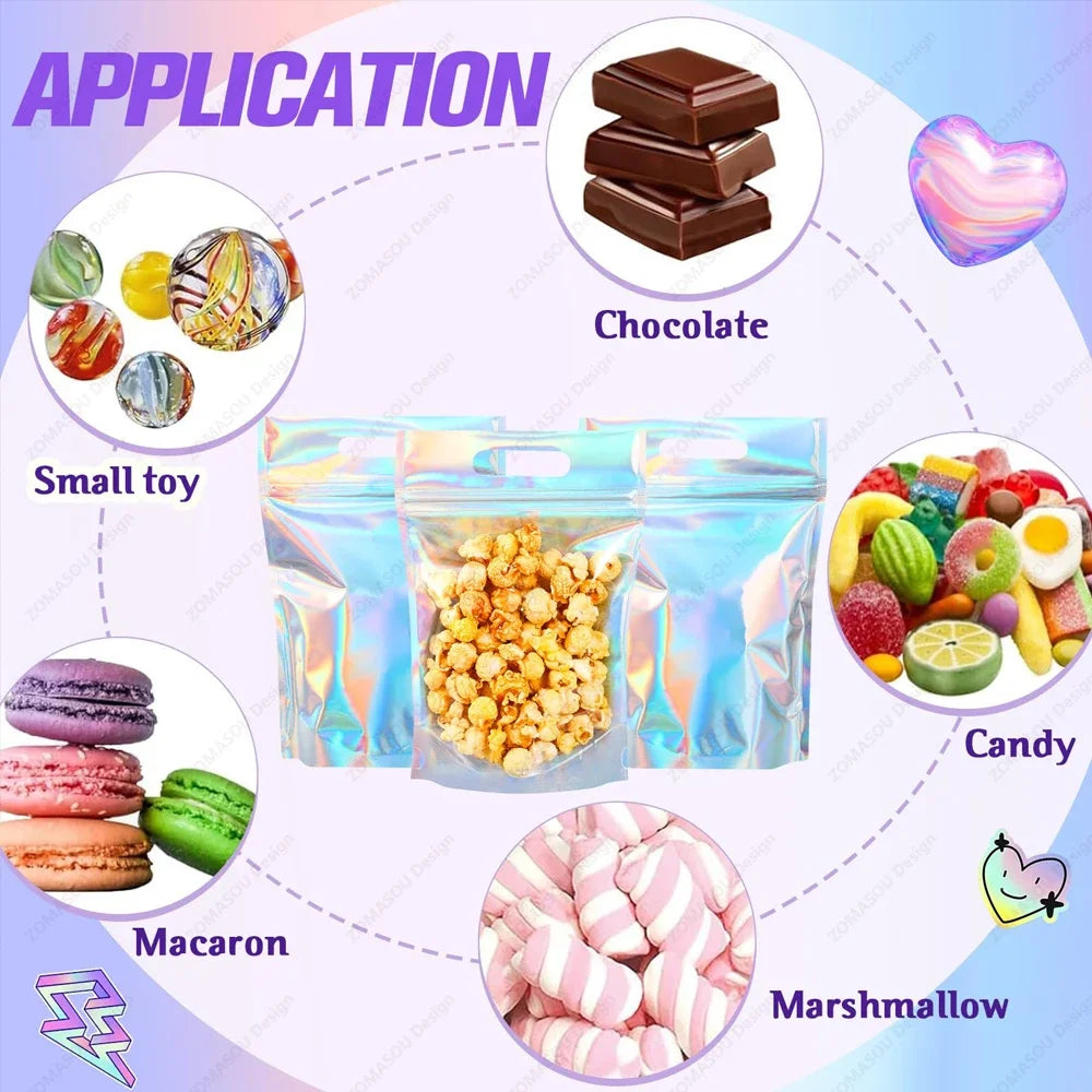 400-1PCS Color Laser Sealing Bags Plastic Holographic Candy Food Pouch Resealable Necklace Jewelry Gift Packaging Storage Bag