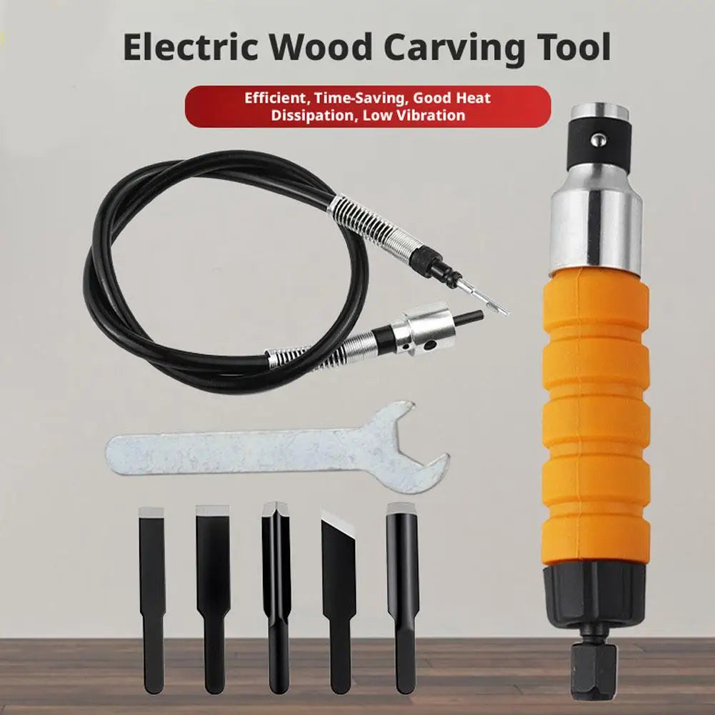 Electric Wood Chisel Carving Tool, Hand Carving Chisel with Wrench Chuck Attachment 5 Blades Flexible Shaft Woodworking Woodcut