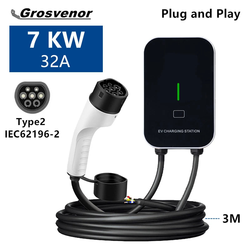 New 7KW Type2 Electric Vehicle Charger 32A EV Charging Station Type1 GBT EVSE Wallbox 1Phase EV Chargers with Screen Card