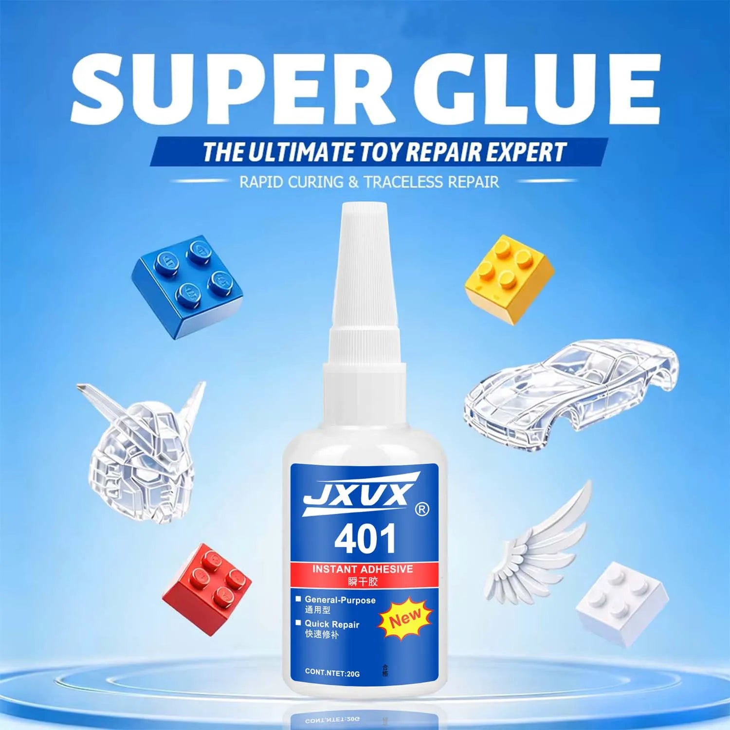 JXVX 401 Super Glue 20g Instant Adhesive Quick Dry Universal Specific Glue for Plastic Rubber Metal Paper DIY Craft Repair,6pcs.