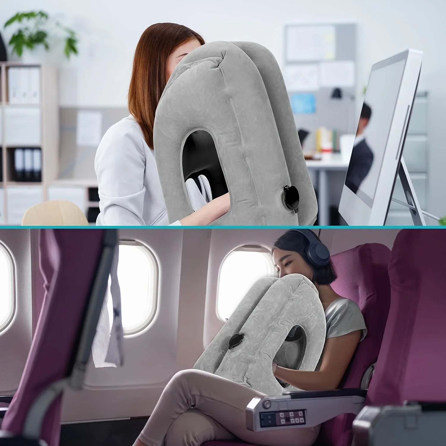 Inflatable Travel Pillow - Patented Valve Design, Adjustable Neck & Head Support | Lightweight Mid-Hardness, Ergonomic Air Pillow for Flights, Cars, Trains, Office Breaks | Multi-Color, Comfortable Material (Aircraft/Travel A