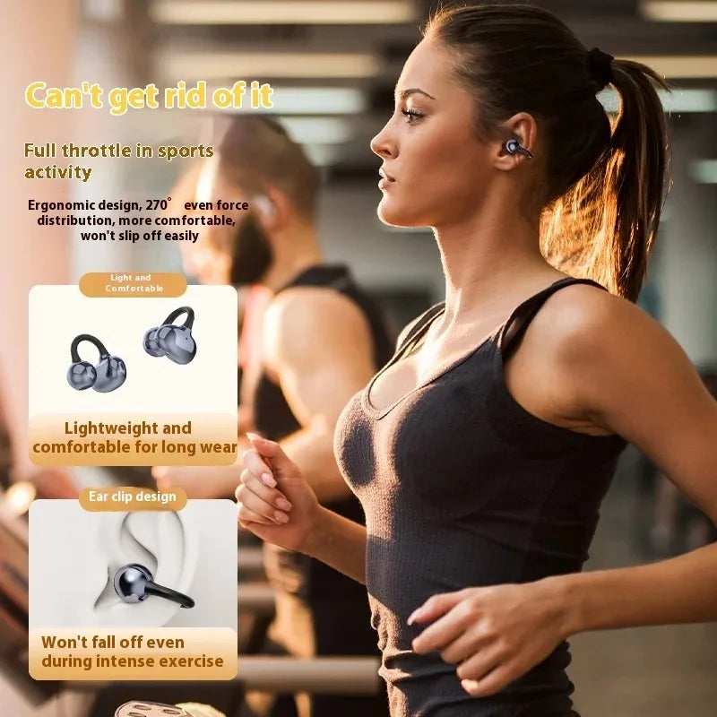 Noise Cancelling Wireless Ear Clip Headphones Waterproof Bluetooth Sports Earbuds Featuring Long Battery Life and Integrated Mic